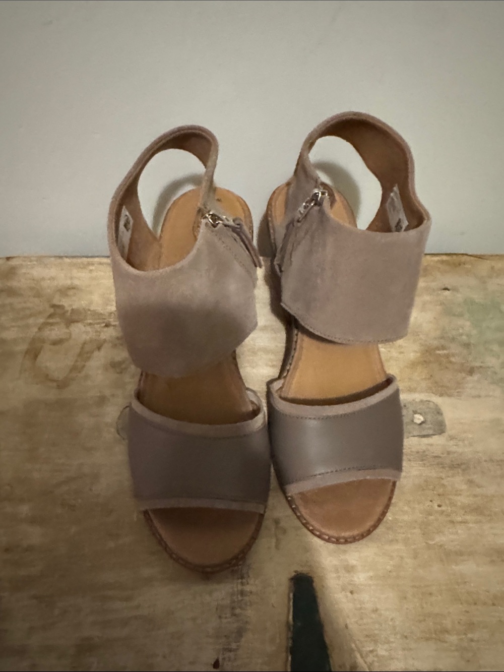 Toms Taupe Suede and Leather-Accent Block Heel Sandals